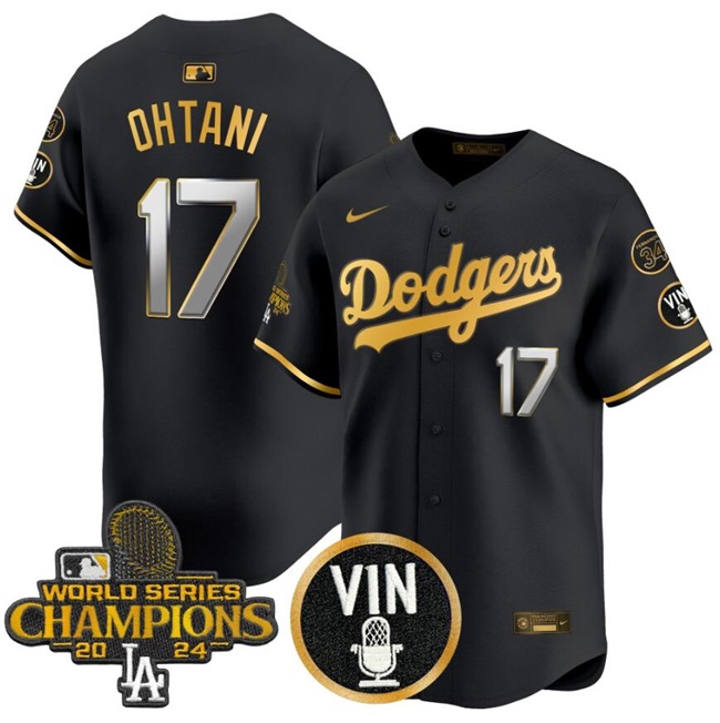 Men's Los Angeles Dodgers #17 Shohei Ohtani Black/Gold 2024 World Series Champions With Vin Scully & Fernando Patch Vapor Limited Stitched Baseball Jersey